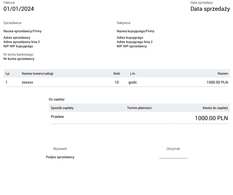 Podstawowy szablon faktury bez VAT