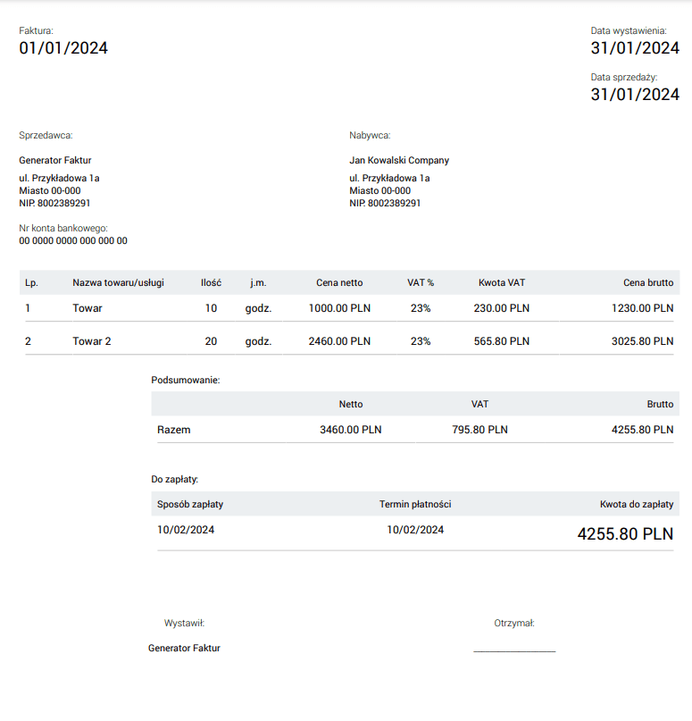 Generator faktur, przykład fakura VAT